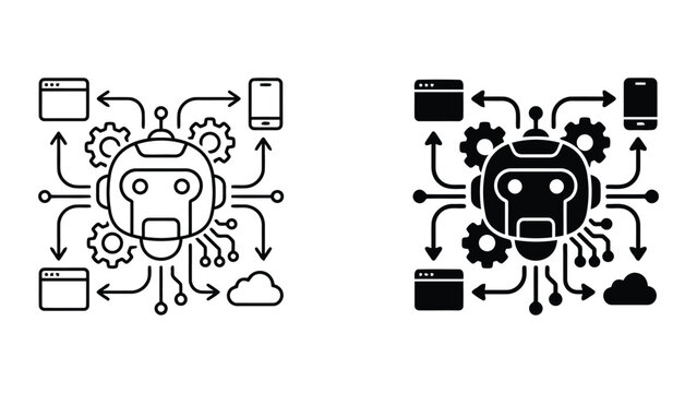 Artificial intelligence robot data integration icon set with automation