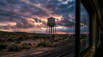 Naklejka premium Old water tower in desert landscape at sunset seen from train window.