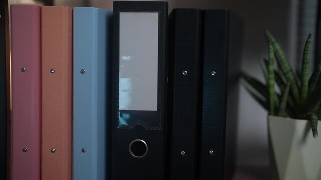 Static office video featuring neatly arranged file binders on a storage shelf without people. Perfect for illustrating document management, office administration, business organization, corporate fili