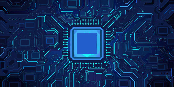 Circuit board pattern with central microchip blue vector illustration