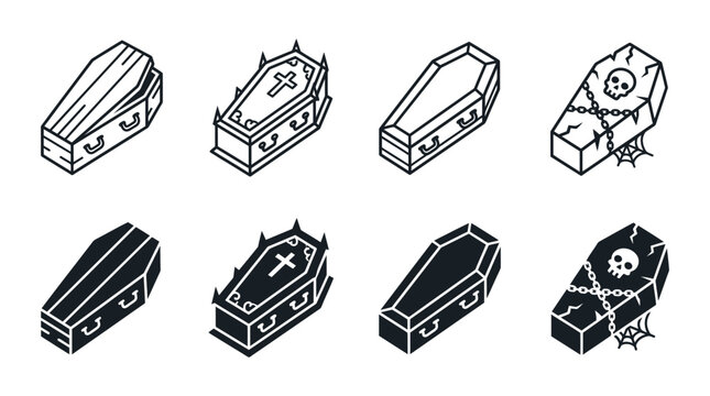 Detailed burial casket and coffin icons featuring skulls chains and religious crosses spiderweb halloween collection