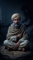Obraz premium Frightened elder haunted by shadow spirits in darkness