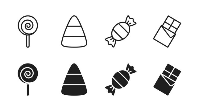 Set of halloween candy icons including lollipops candy corn wrapped sweets and chocolate bars with halloween, lollipop