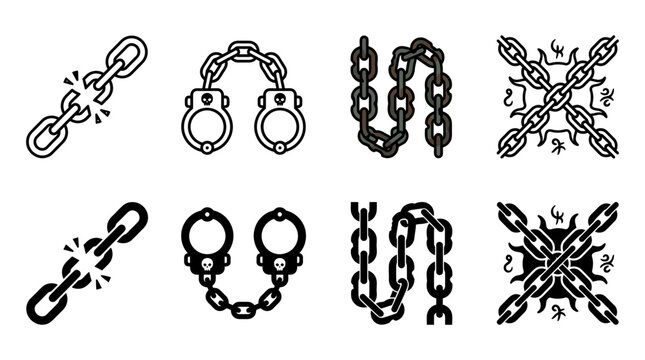 Set of chains and handcuffs icons representing security prison and bondage symbols with handcuffs security collection