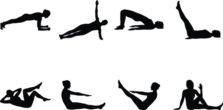 Collection of fitness and yoga silhouettes showing core strengthening and flexibility exercise poses