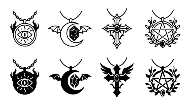 Set of mystical gothic amulets and pagan occult pendants vector collection with mystical pentagram esoteric accessory
