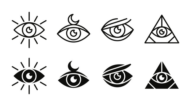 Set of esoteric eye icons featuring all-seeing eye and pyramid esoteric mystical triangle silhouette collection