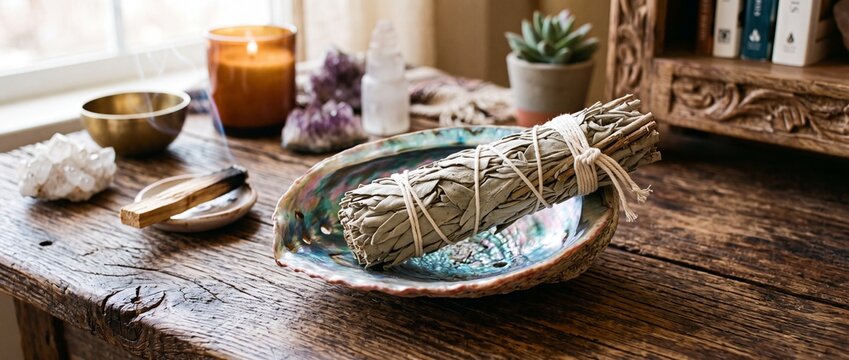Smudging ritual sage bundle in iridescent abalone shell with crystals and incense smoke on dark weathered antique wood furniture