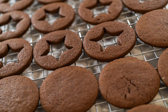Mixed chocolate cookies cooling on wire rack