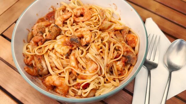 Closeup moving shot of a bowl of linguine pasta in sauce, with fried king prawns and mushrooms, on a table, with fork, spoon and paper napkin, ready to eat.