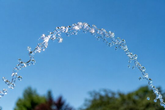parabola. Graceful parabolic arc of a water fountain jet against a clear blue sky with glinting sunlight. lifestyle magazines.