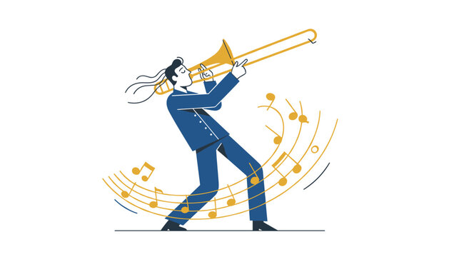 Enthusiastic musician in a blue suit playing a golden trombone with expressive musical notes swirling around him.