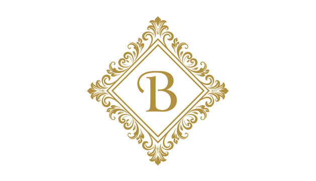 Elegant golden monogram logo with letter B inside a diamond shaped frame decorated with vintage royal ornaments.