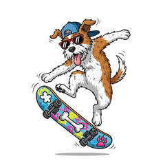 Cool dog performing a skateboard trick with sunglasses and a hat. © Assad