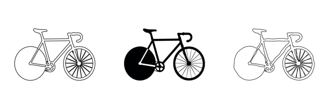 Three bicycle icons in different styles: outline, solid, and hand drawn