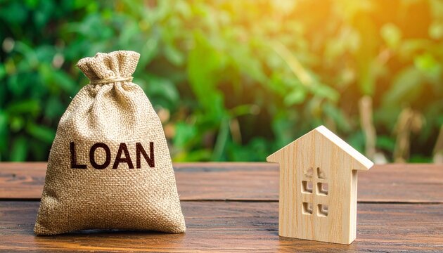 Burlap sack labeled loan beside wooden house model
