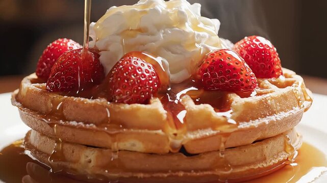 Delicious stack of golden waffles topped with fresh red strawberries, fluffy whipped cream, and a generous drizzle of golden maple syrup.