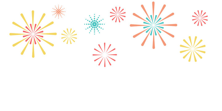 Colorful stylized firework starbursts exploding across the top border of a blank white background