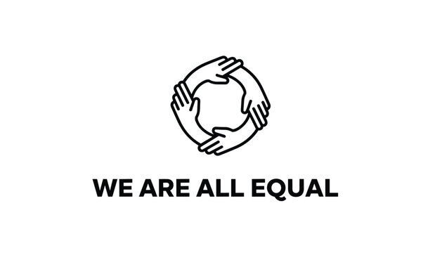 Concept of equality and unity depicted by minimalist line art of four hands holding wrists in a circle with text below.