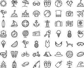 Naklejka premium Global travel tourism and summer vacation outline icon set vector illustration with vacation