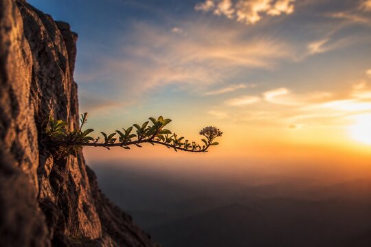 Wild plant growing horizontally from a crack in a cliff edge.