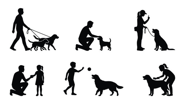 Black silhouettes showing various people interacting with their loyal dogs in multiple daily lifestyle activities