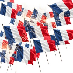 Group of waving french national flags against white sky with festive fireworks display for bastille day national fireworks bastille celebration patriotic heritage independence colorful