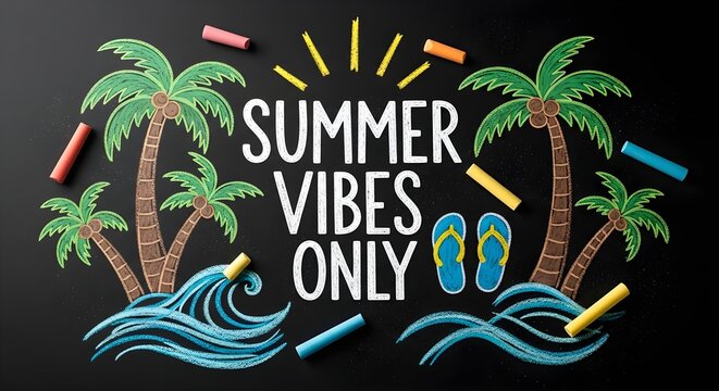 A colorful chalk drawing of palm trees, waves, and flip flops on a blackboard with the phrase summer vibes only written in white chalk, surrounded by scattered colorful chalks