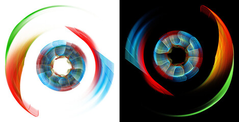 Abstract propellers with curved blades arranged in a circle within an outline formed by other blades, set against black and white backgrounds. Set. Icon, logo, symbol. 3D rendering. 3D illustration. © Svetlana