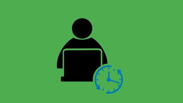 Flexible working hours concept featuring person using computer, clock, and circular arrow. Visual representation of adaptable work schedule and productivity.