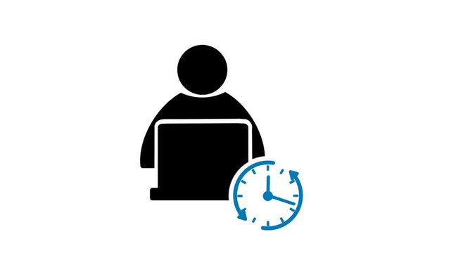 Flexible working hours concept featuring person using computer, clock, and circular arrow. Visual representation of adaptable work schedule and productivity.