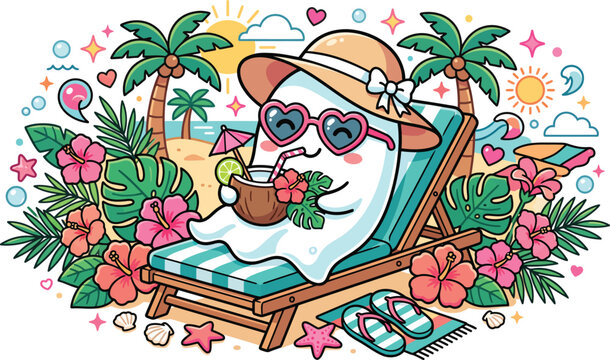 A cute cartoon ghost wearing a sun hat and sunglasses relaxing on a lounge chair while drinking a tropical cocktail on beach