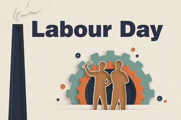 Labour Day celebration banner in paper cut style, industrial worker silhouettes with gears and factory chimney, international workers day concept