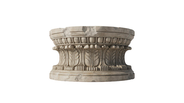 An ornate stone column capital featuring detailed leaf carvings and a circular showing weathered texture and classical style on a white background