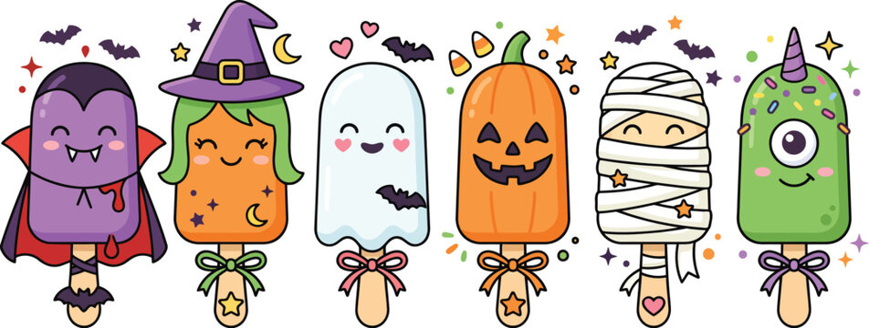 A collection of cute cartoon halloween popsicles featuring a vampire a witch a ghost a pumpkin a mummy and a green monster