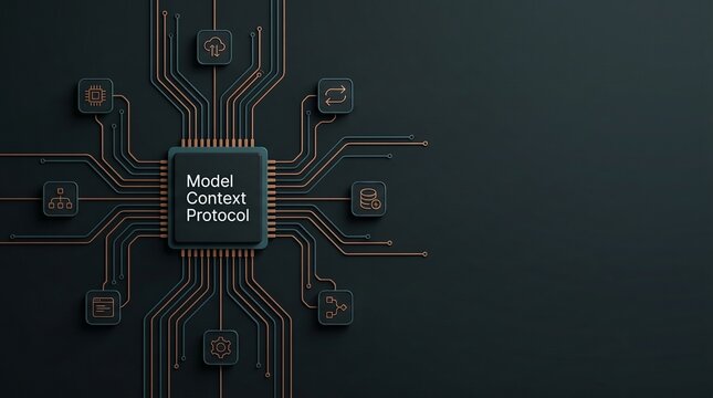 Model context protocol infographic chip with connected data systems, context exchange, multi agent framework