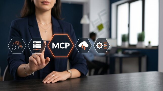 Woman finger pointing MCP protocol icons with cloud connectivity, context exchange, multi agent collaboration