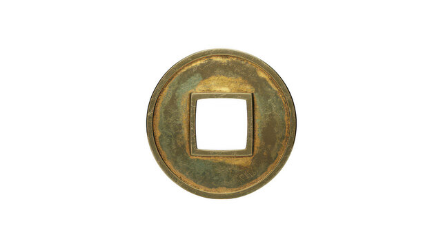 Ancient round bronze chinese coin with a square hole in the center, featuring weathered metal texture and patina, isolated on a white background