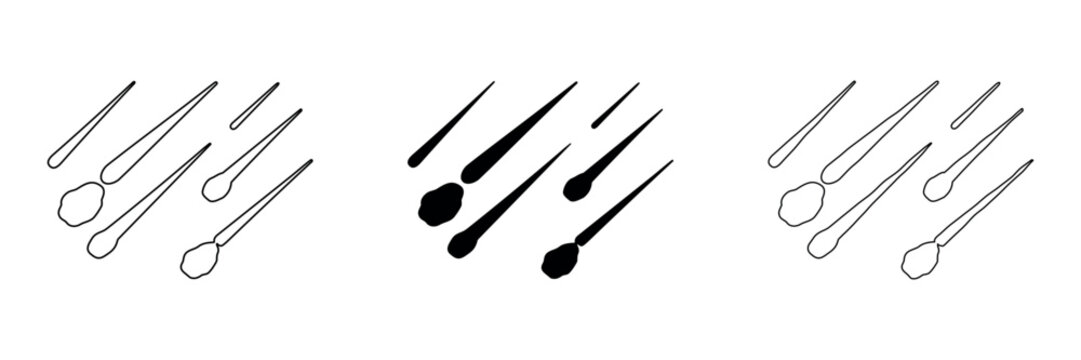 Set of three icon styles depicting falling meteors or comets