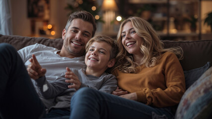 Obraz premium Parents hug child, sharing joyful moment. Comfortable couch, soft blankets, gentle glow. Perfect for family, holiday TV