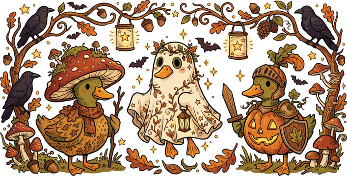 Whimsical illustration featuring three cute ducks dressed in creative halloween costumes standing in a magical autumn forest with lanterns and black ravens