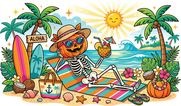 A colorful illustration of a skeleton wearing a straw hat and sunglasses relaxing on a beach chair with a tropical drink nearby
