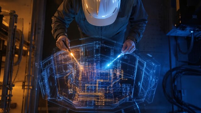 Professional engineer wearing white helmet analyzing complex holographic industrial blueprints using glowing digital light pens indoors