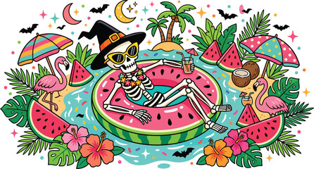 Obraz premium A colorful illustration featuring a skeleton wearing a witch hat relaxing on a watermelon pool float surrounded by tropical summer elements