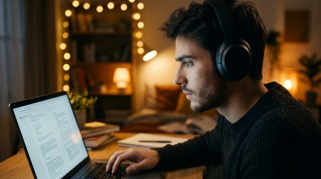 Focused university student studying on laptop close up portrait
