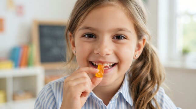 Young girl eating healthy vitamin gummy close up portrait
