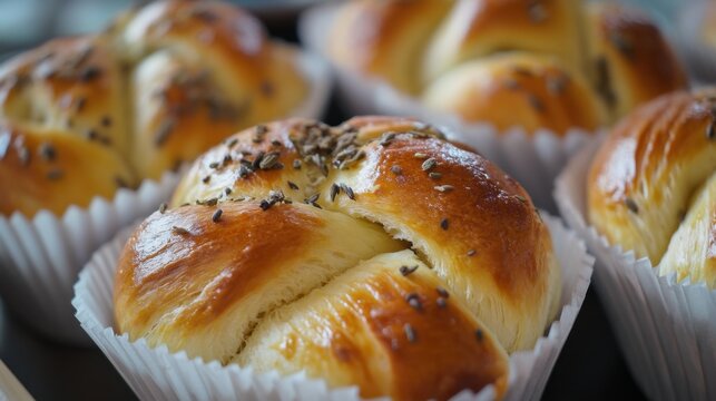 Freshly baked golden brown rolls with a glossy finish, topped with herbs, arranged in white paper liners.