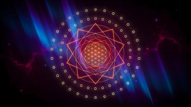 Sacred geometric mandala with glowing cosmic background for spiritual meditation concept