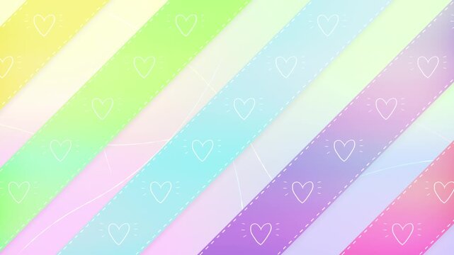 手書きのハートが光るステッチの入ったテープが、ストライプ状に動くカラフルなかわいいループ背景