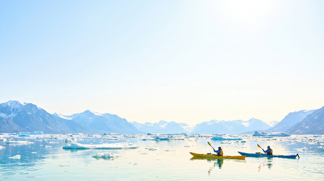 Adventurous travelers kayaking in a stunning northern landscape